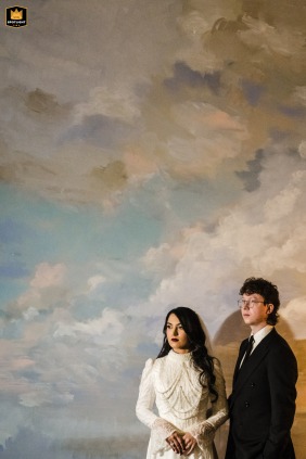   The couple is portrayed together in a beautifully composed portrait at the Columbia Hotel in London in this elegant hotel setting.